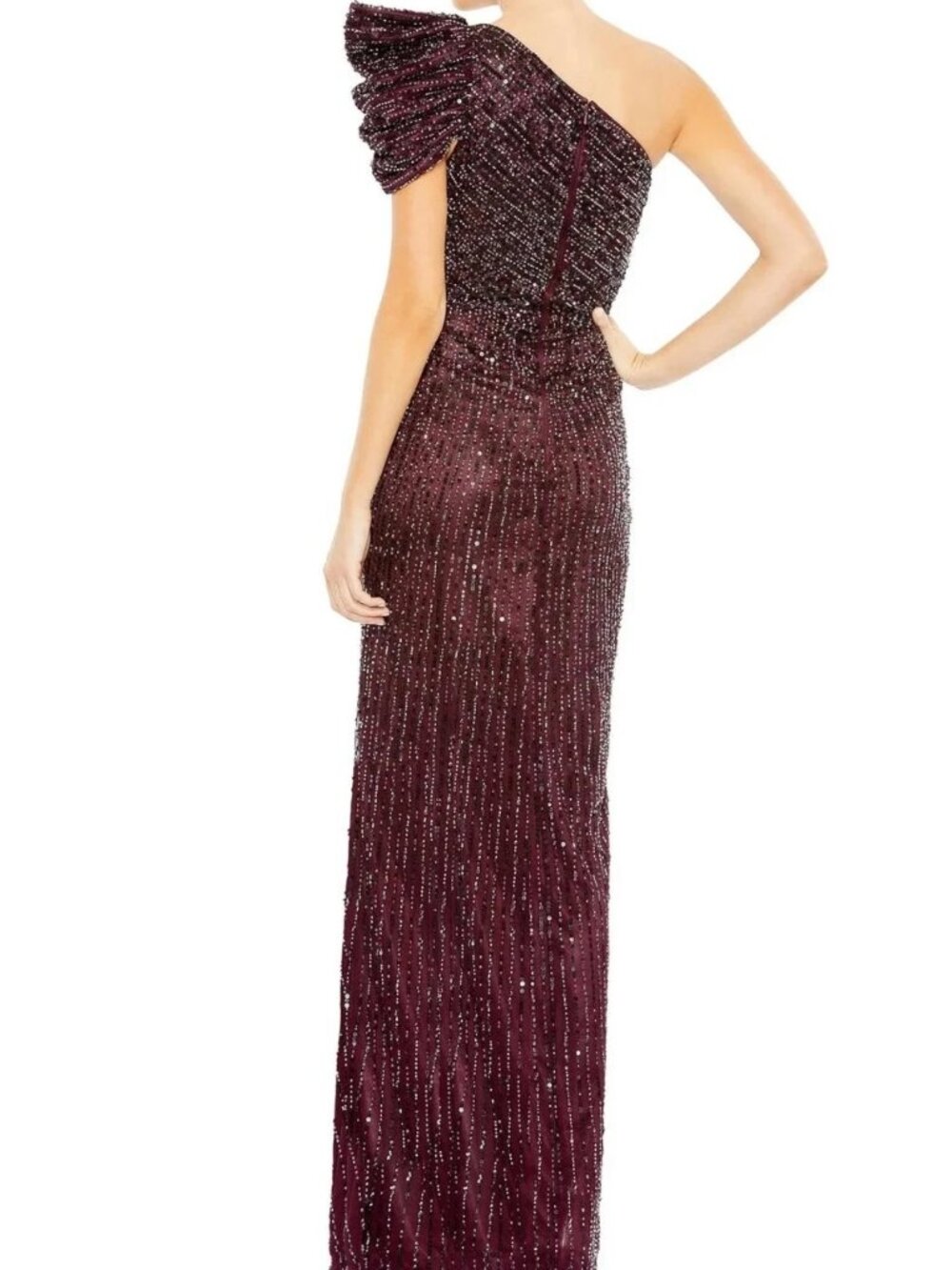 Mac Duggal Blackberry Purple Sequin Puff One Shoulder Gown - Picture 2 of 3